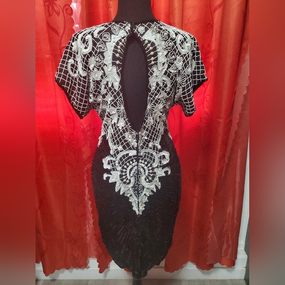 Vintage 80s Black and White beaded sequin dress size M - Picture 5 of 6